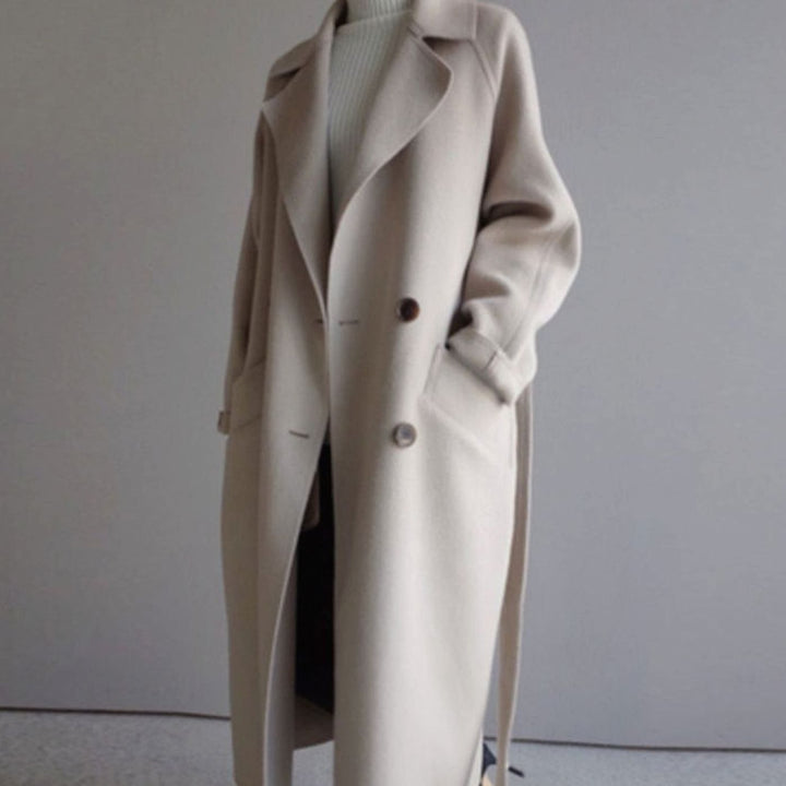 Women's Long Double-Breasted Wool Cashmere Coat Notched Lapel - Off-White