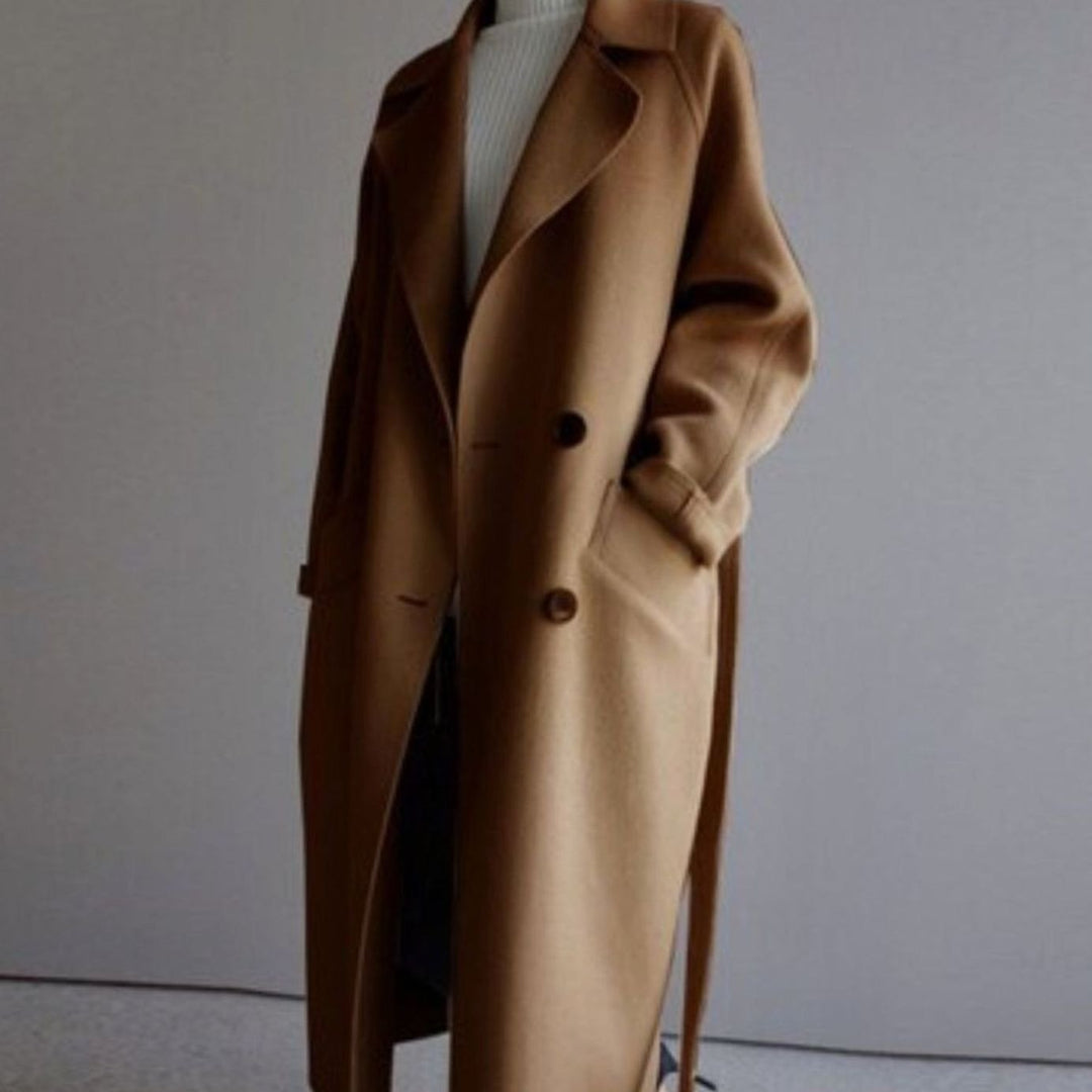 Women's Long Double-Breasted Wool Cashmere Coat Notched Lapel - Caramel