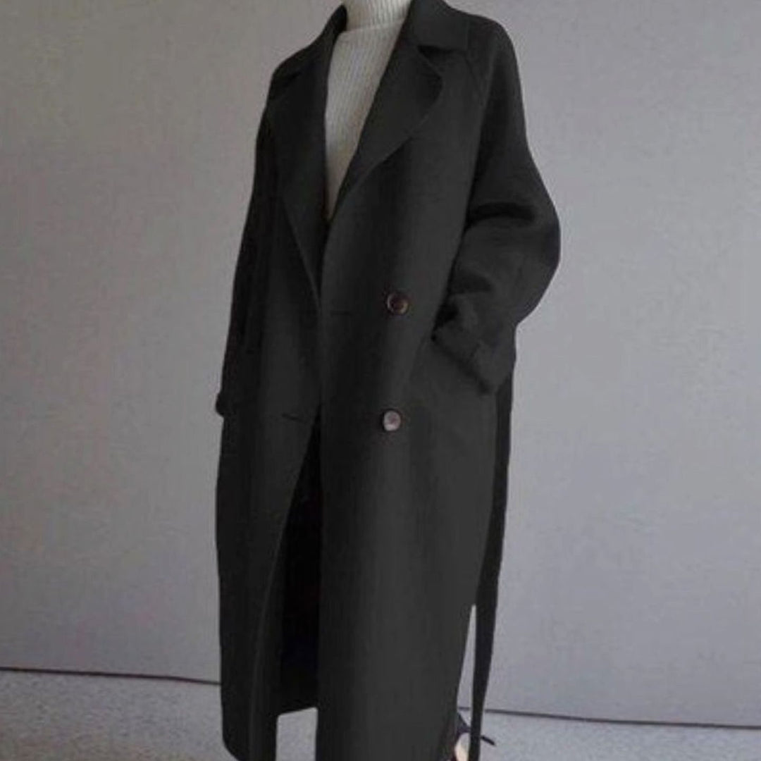 Women's Long Double-Breasted Wool Cashmere Coat Notched Lapel - Black