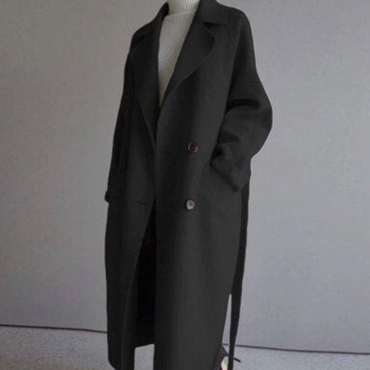 Women's Long Double-Breasted Wool Cashmere Coat Notched Lapel - Black