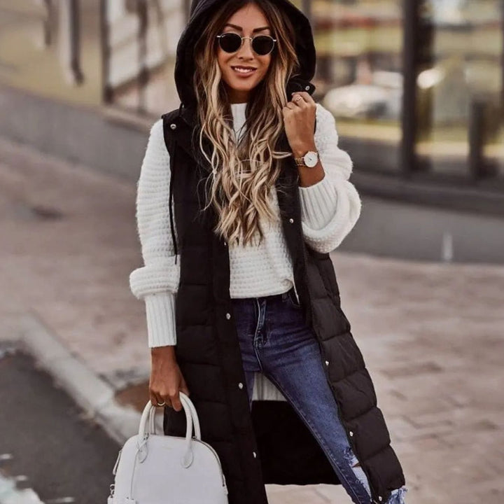 Women's Long Hooded Quilted Puffer Vest Sleeveless Winter Gilet