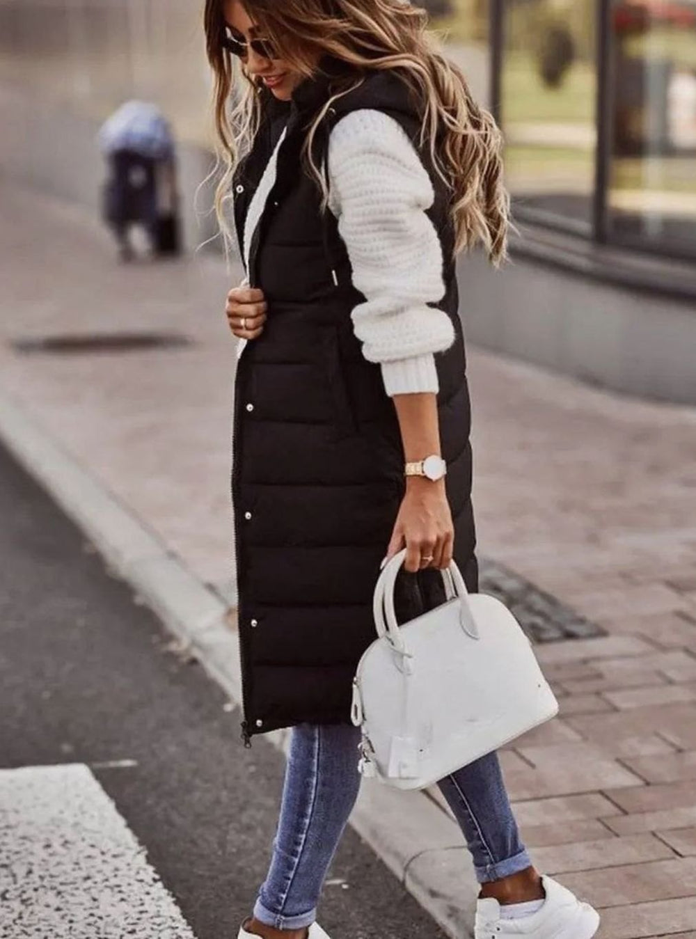 Women's Long Hooded Quilted Puffer Vest Sleeveless Winter Gilet