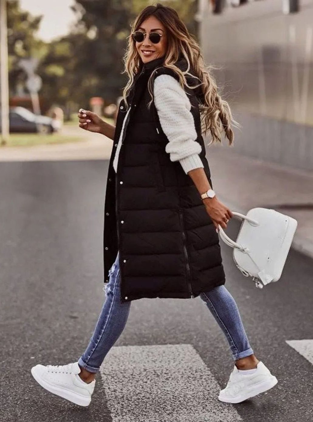Women's Long Hooded Quilted Puffer Vest Sleeveless Winter Gilet
