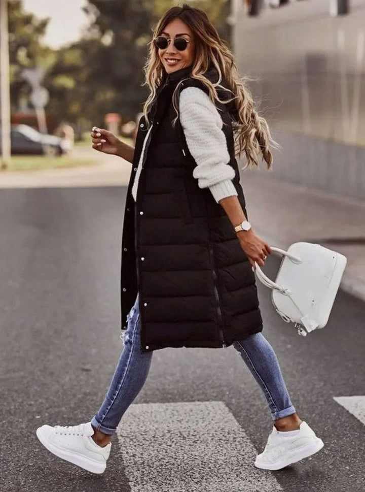 Women's Long Hooded Quilted Puffer Vest Sleeveless Winter Gilet