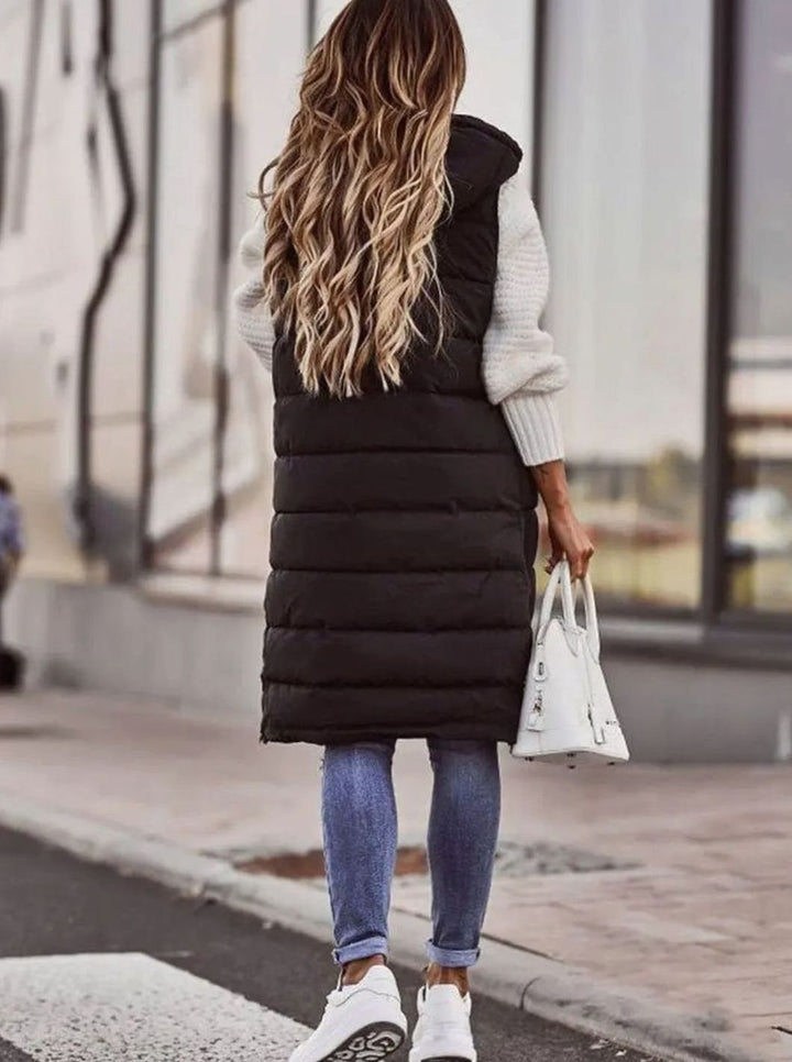 Women's Long Hooded Quilted Puffer Vest Sleeveless Winter Gilet