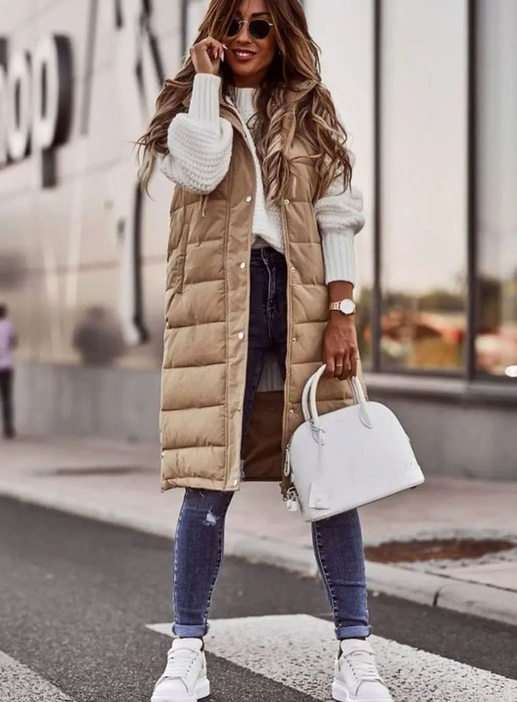 Women's Long Hooded Quilted Puffer Vest Sleeveless Winter Gilet - Beige