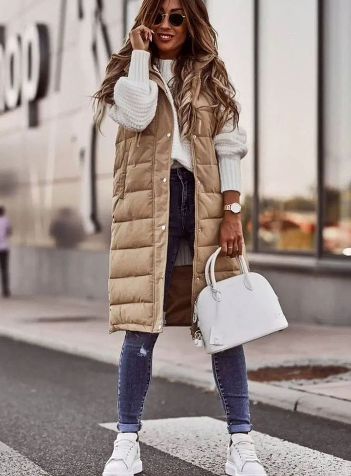 Women's Long Hooded Quilted Puffer Vest Sleeveless Winter Gilet - Beige