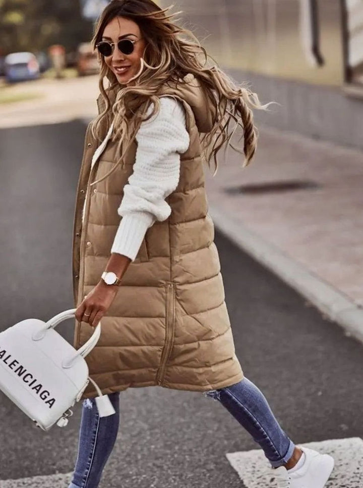 Women's Long Hooded Quilted Puffer Vest Sleeveless Winter Gilet