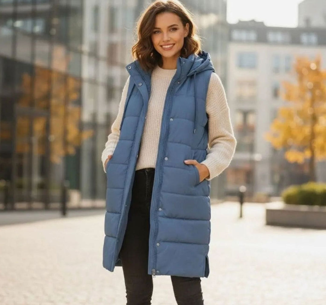 Women's Long Hooded Quilted Puffer Vest Sleeveless Winter Gilet - Blue