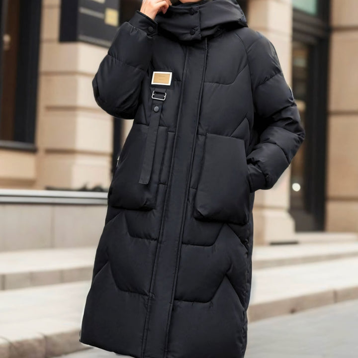 Women's Long Quilted Hooded Puffer Coat Oversized Fit - Black
