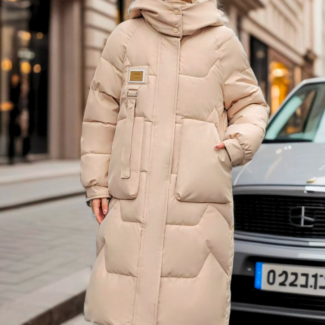 Women's Long Quilted Hooded Puffer Coat Oversized Fit - Khaki