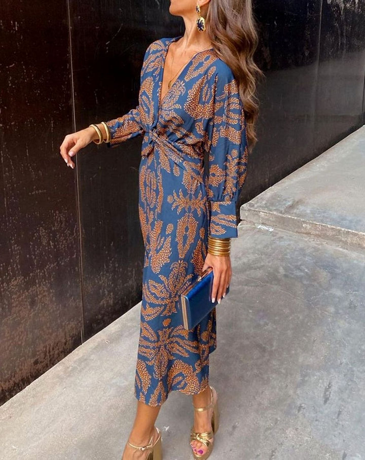 Women's Long-Sleeve V-Neck A-Line Maxi Dress Wedding Guest - Blue