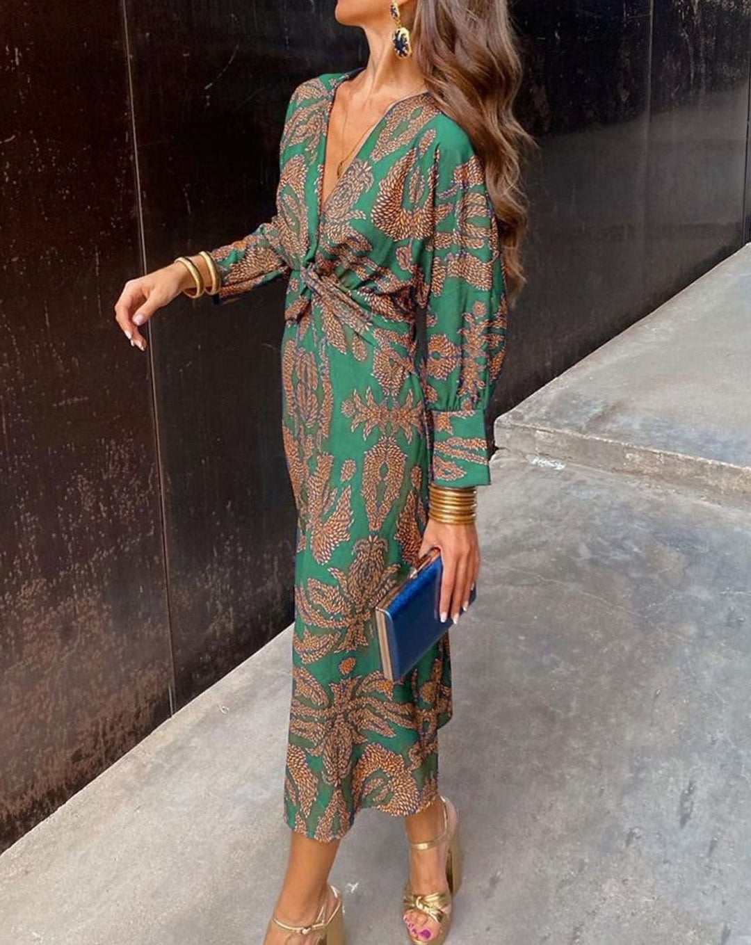 Women's Long-Sleeve V-Neck A-Line Maxi Dress Wedding Guest - Green