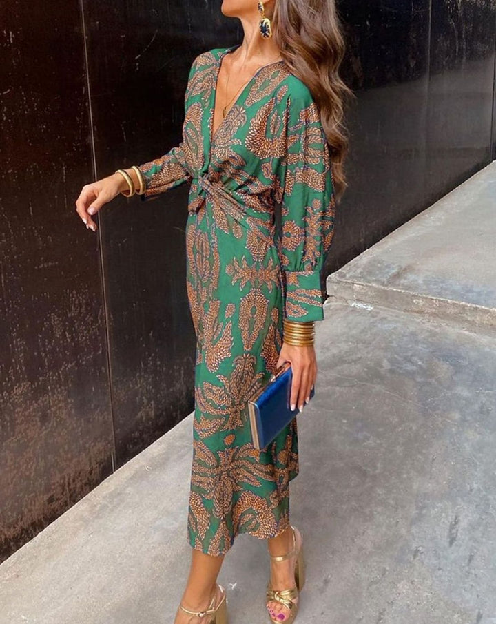 Women's Long-Sleeve V-Neck A-Line Maxi Dress Wedding Guest - Green