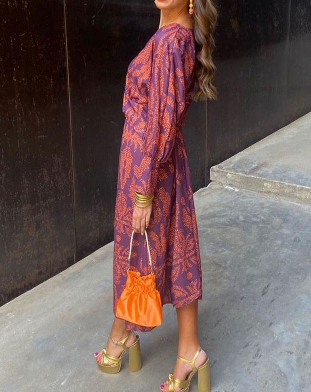 Women's Long-Sleeve V-Neck A-Line Maxi Dress Wedding Guest - Purple