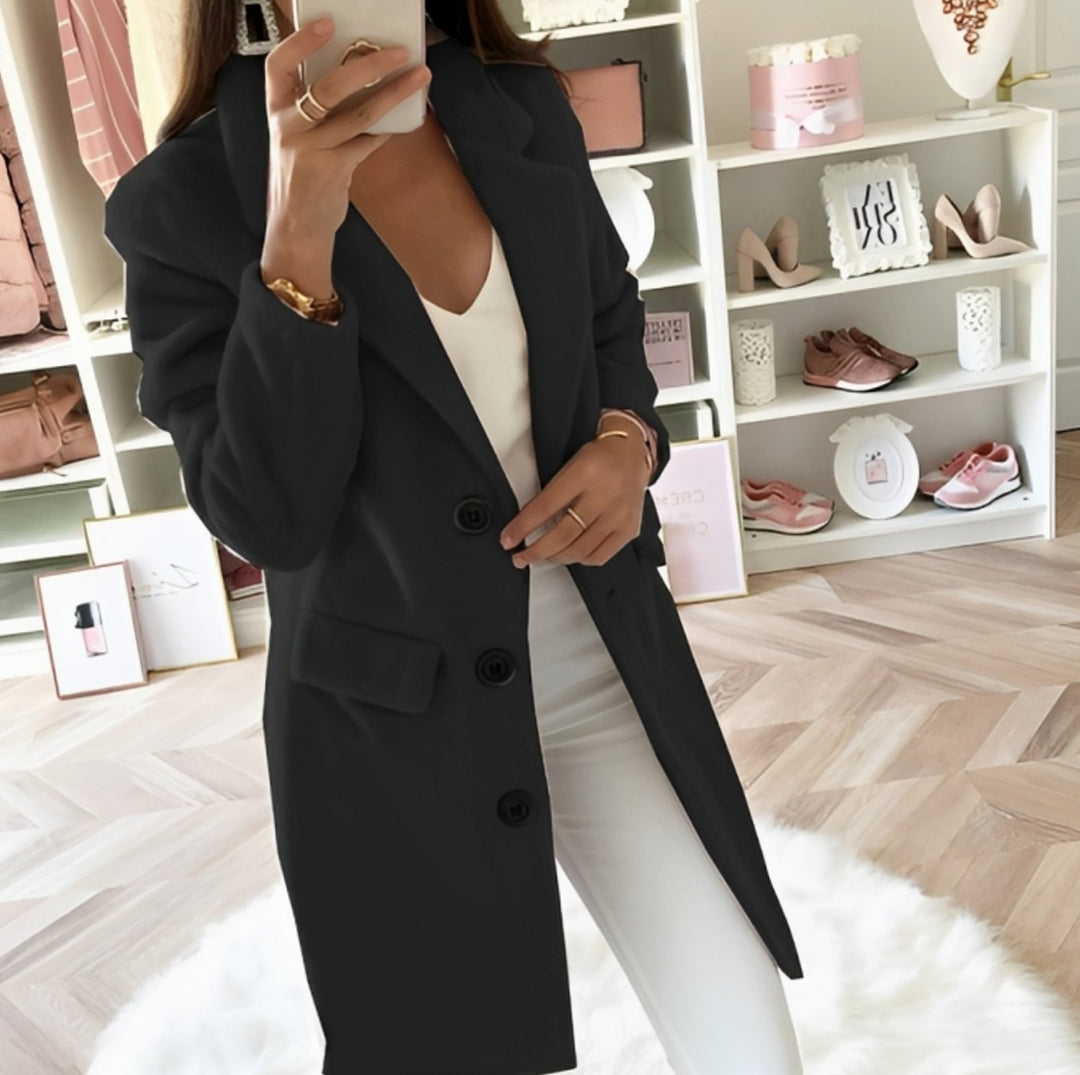 Women's Long Teddy Lapel Trench Coat - Black