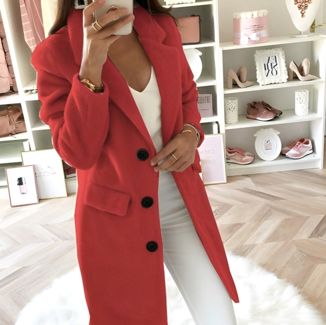 Women's Long Teddy Lapel Trench Coat - Red