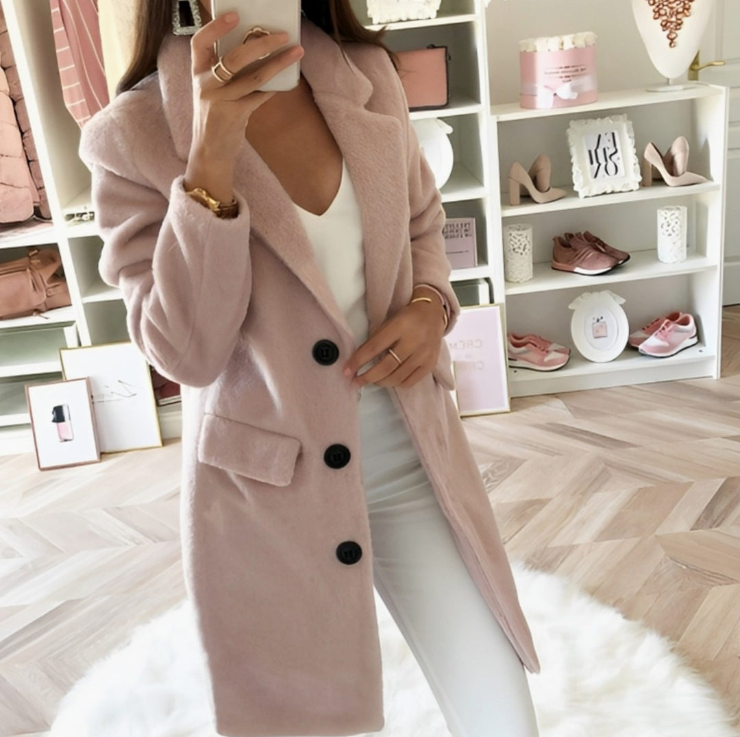 Women's Long Teddy Lapel Trench Coat - Pink