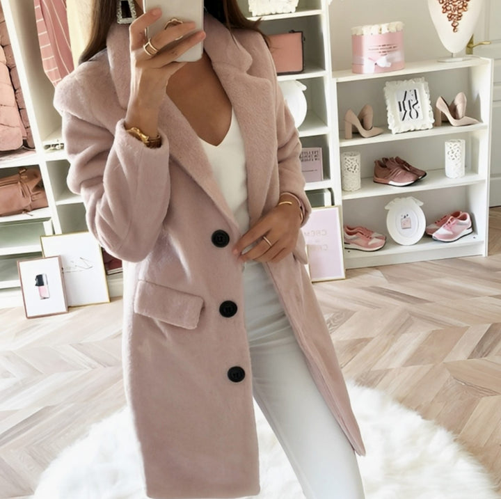 Women's Long Teddy Lapel Trench Coat - Pink