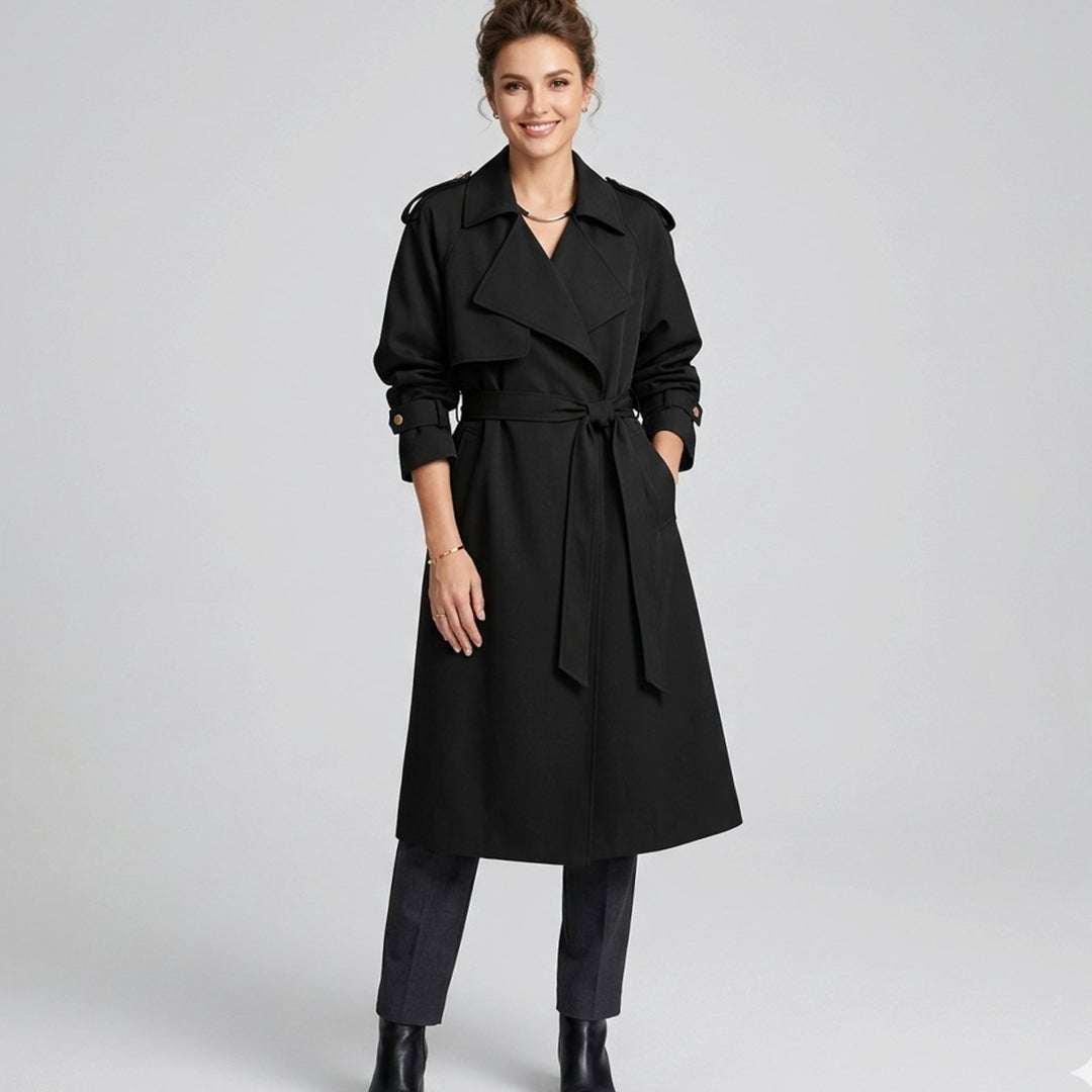 Women's Longline Belted Waterfall Trench Coat - Black
