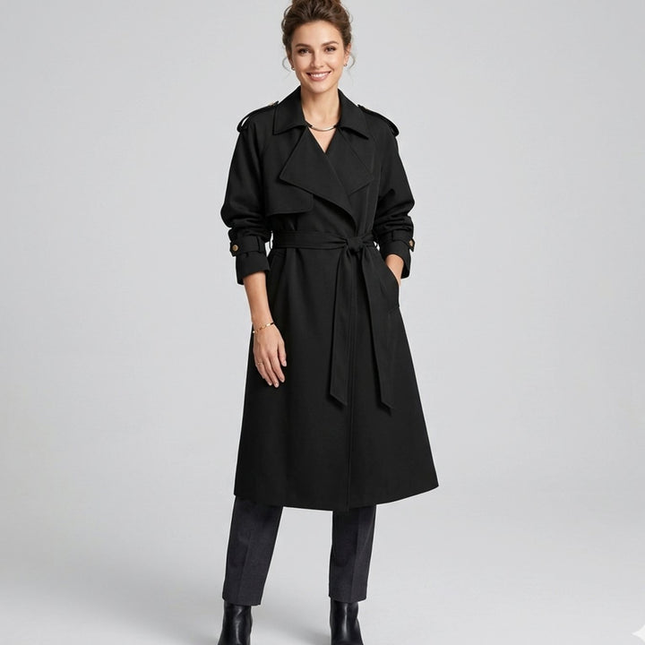 Women's Longline Belted Waterfall Trench Coat - Black