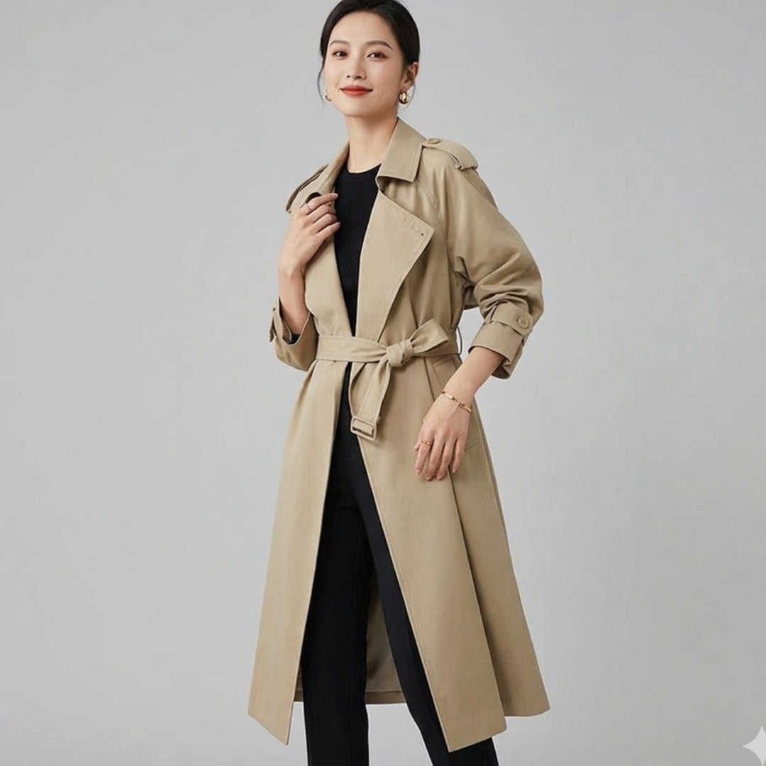 Women's Longline Belted Waterfall Trench Coat - Khaki