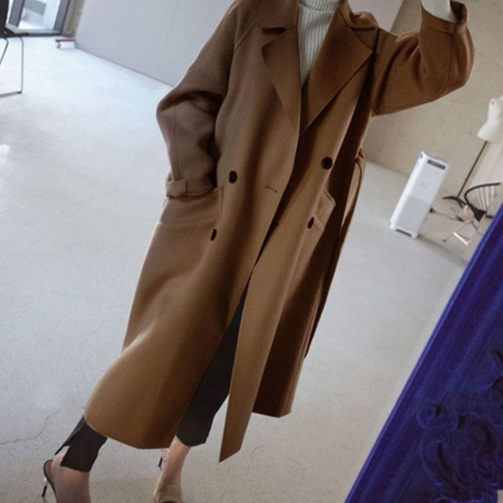 Women's Longline Belted Wool-Blend Trench Coat, Beige
