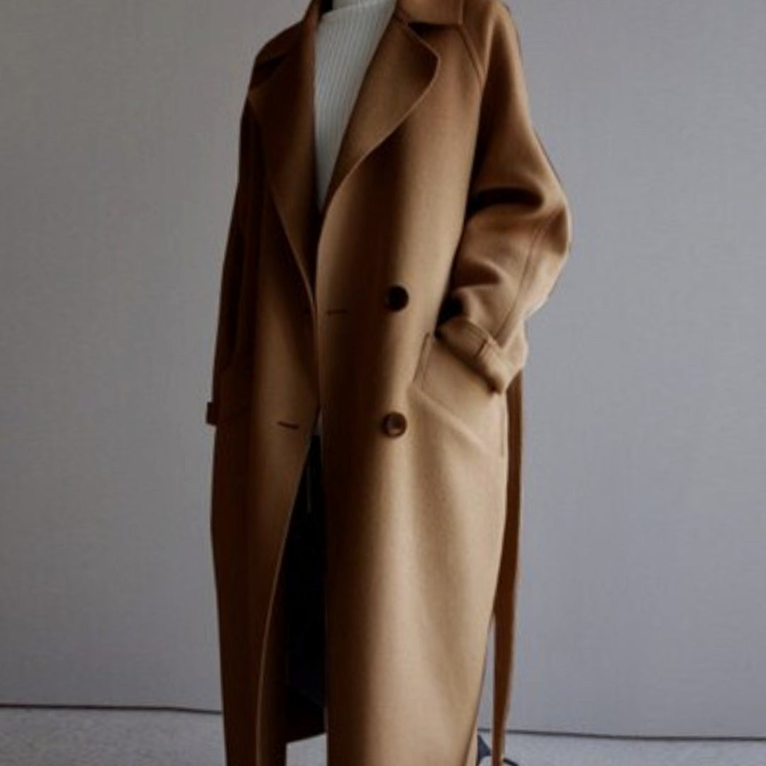 Women's Longline Belted Wool-Blend Trench Coat, Beige - Brown