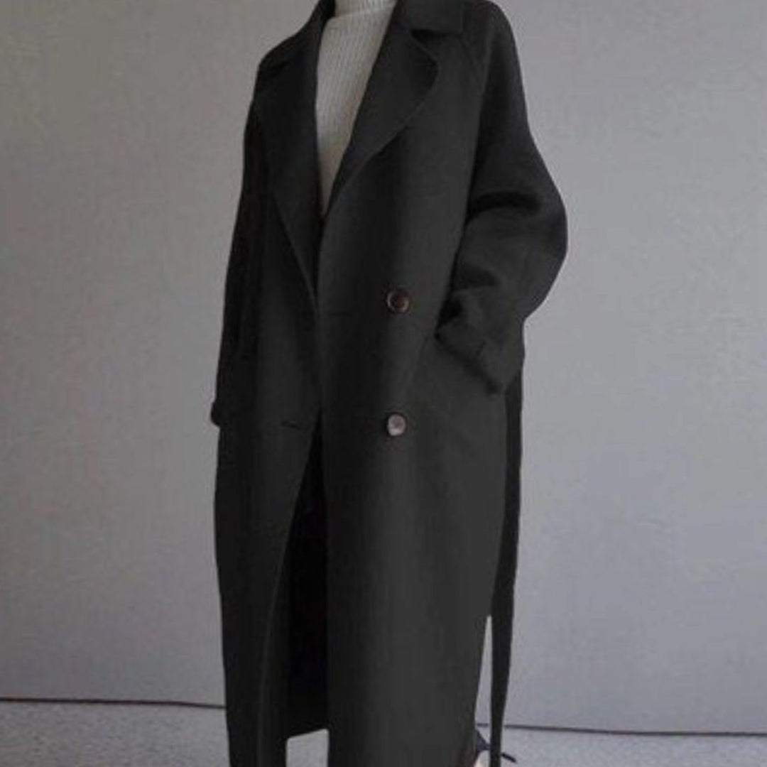 Women's Longline Belted Wool-Blend Trench Coat, Beige - Black