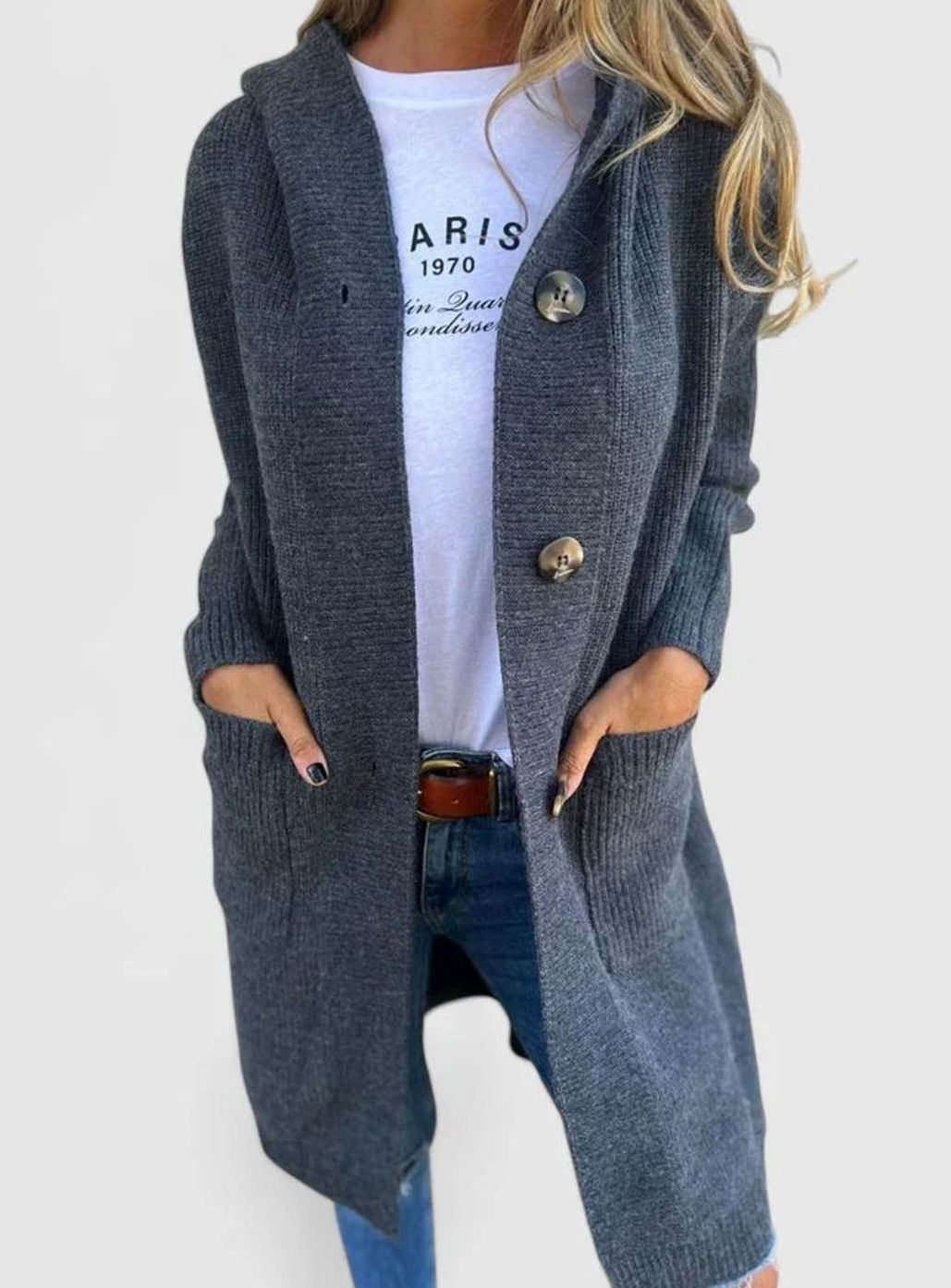 Women's Longline Button Cardigan Deep-Pocket Knitted Wrap - Grey