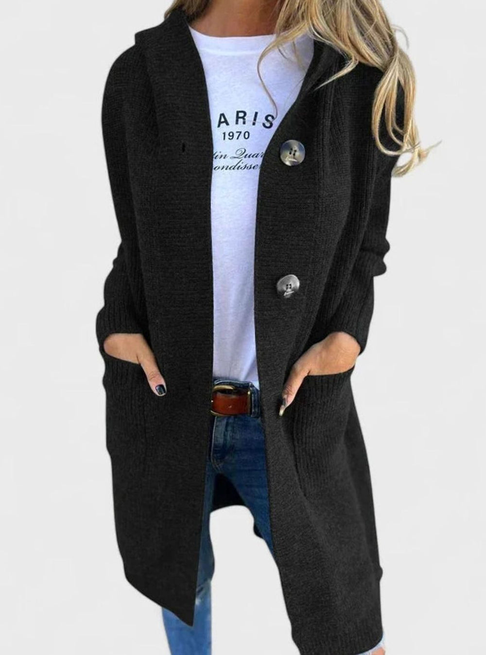 Women's Longline Button Cardigan Deep-Pocket Knitted Wrap - Black