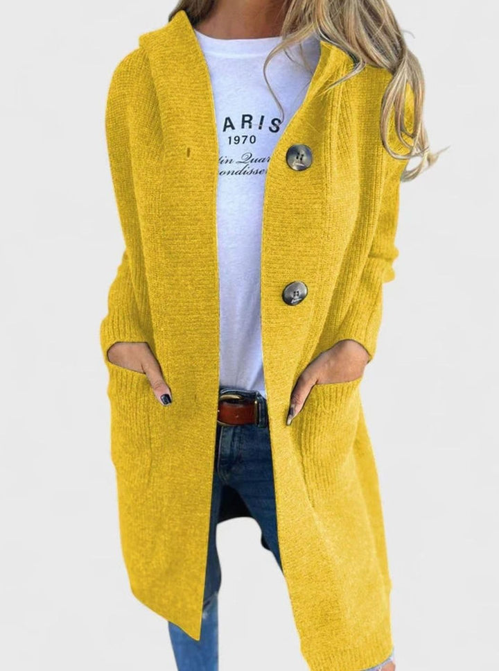 Women's Longline Button Cardigan Deep-Pocket Knitted Wrap - Yellow