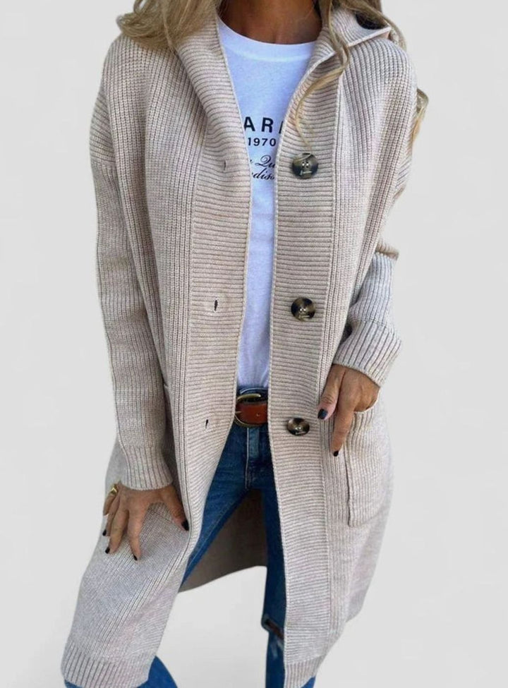 Women's Longline Button Cardigan Deep-Pocket Knitted Wrap - Beige