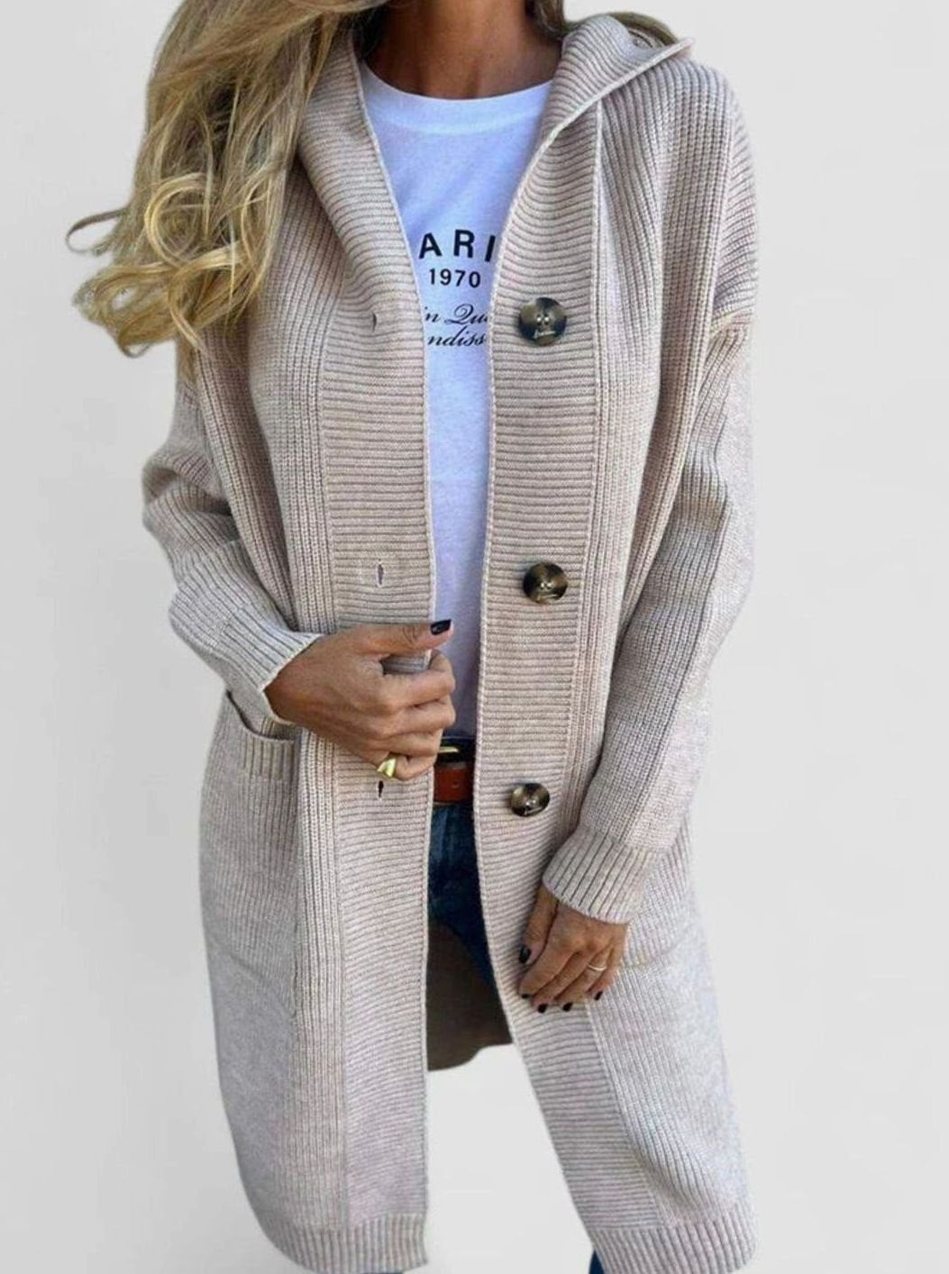 Women's Longline Button Cardigan Deep-Pocket Knitted Wrap