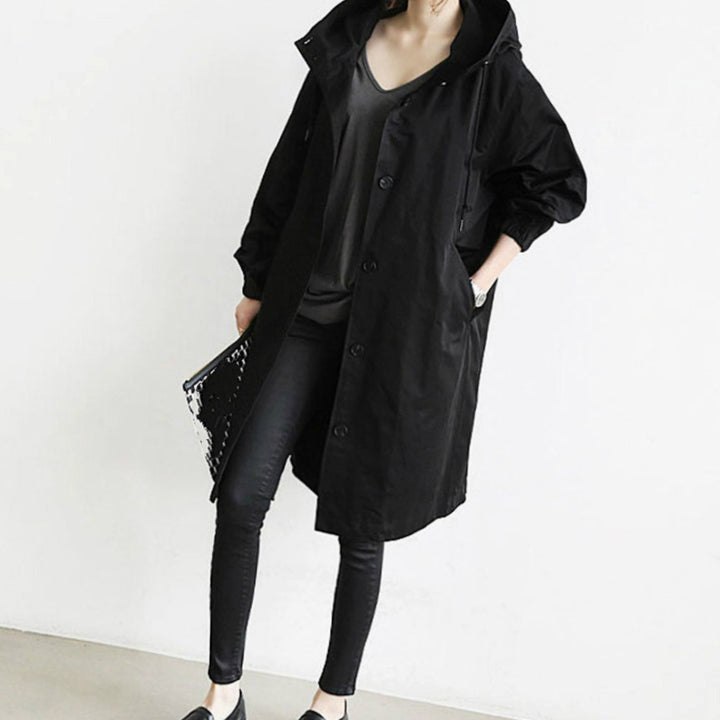 Women's Longline Hooded Button-Up Trench Coat, Black - Black