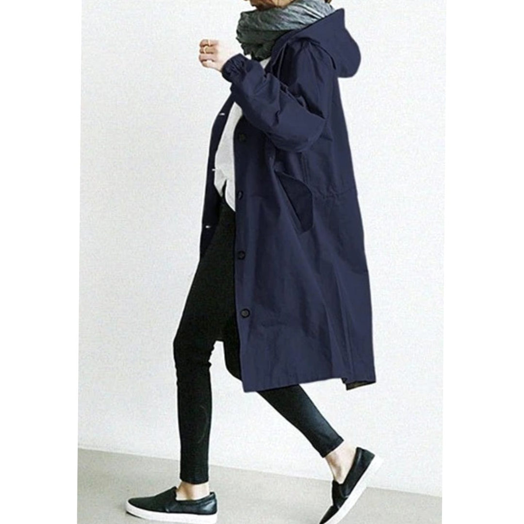 Women's Longline Hooded Button-Up Trench Coat, Black - Navy Blue