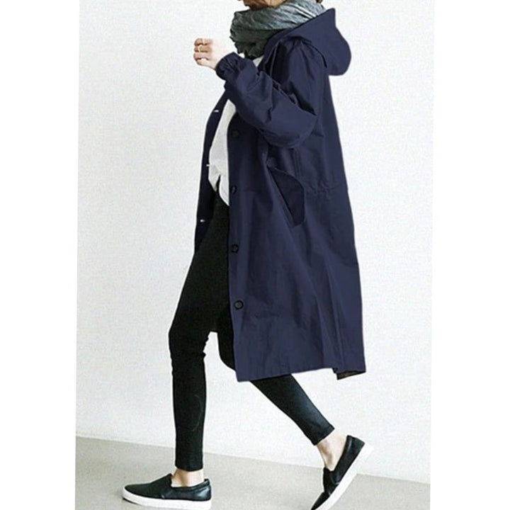 Women's Longline Hooded Button-Up Trench Coat, Black - Navy Blue