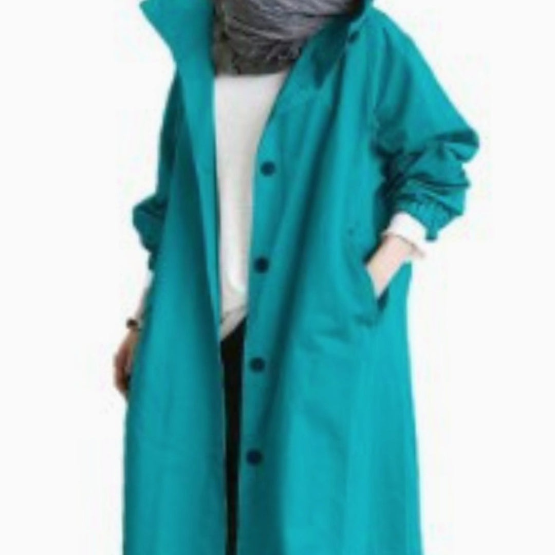 Women's Longline Hooded Button-Up Trench Coat, Black - Blue