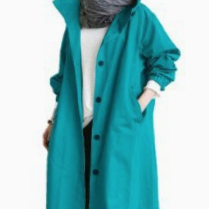 Women's Longline Hooded Button-Up Trench Coat, Black - Blue