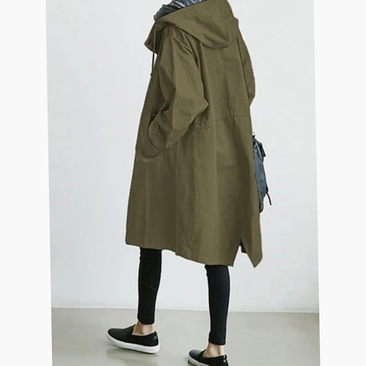 Women's Longline Hooded Button-Up Trench Coat, Black - Green