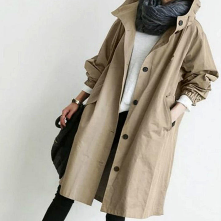 Women's Longline Hooded Button-Up Trench Coat, Black - Light Brown