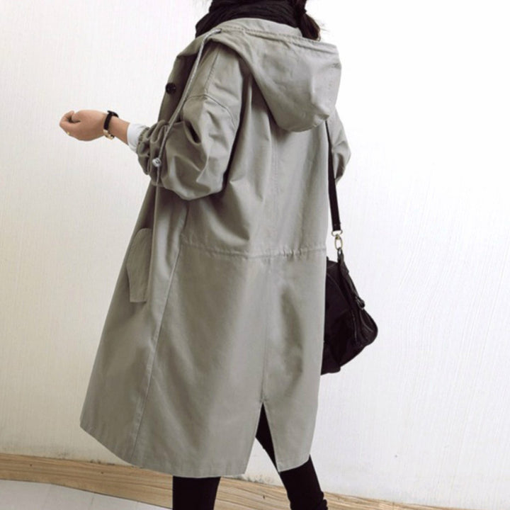 Women's Longline Hooded Button-Up Trench Coat, Black - Grey
