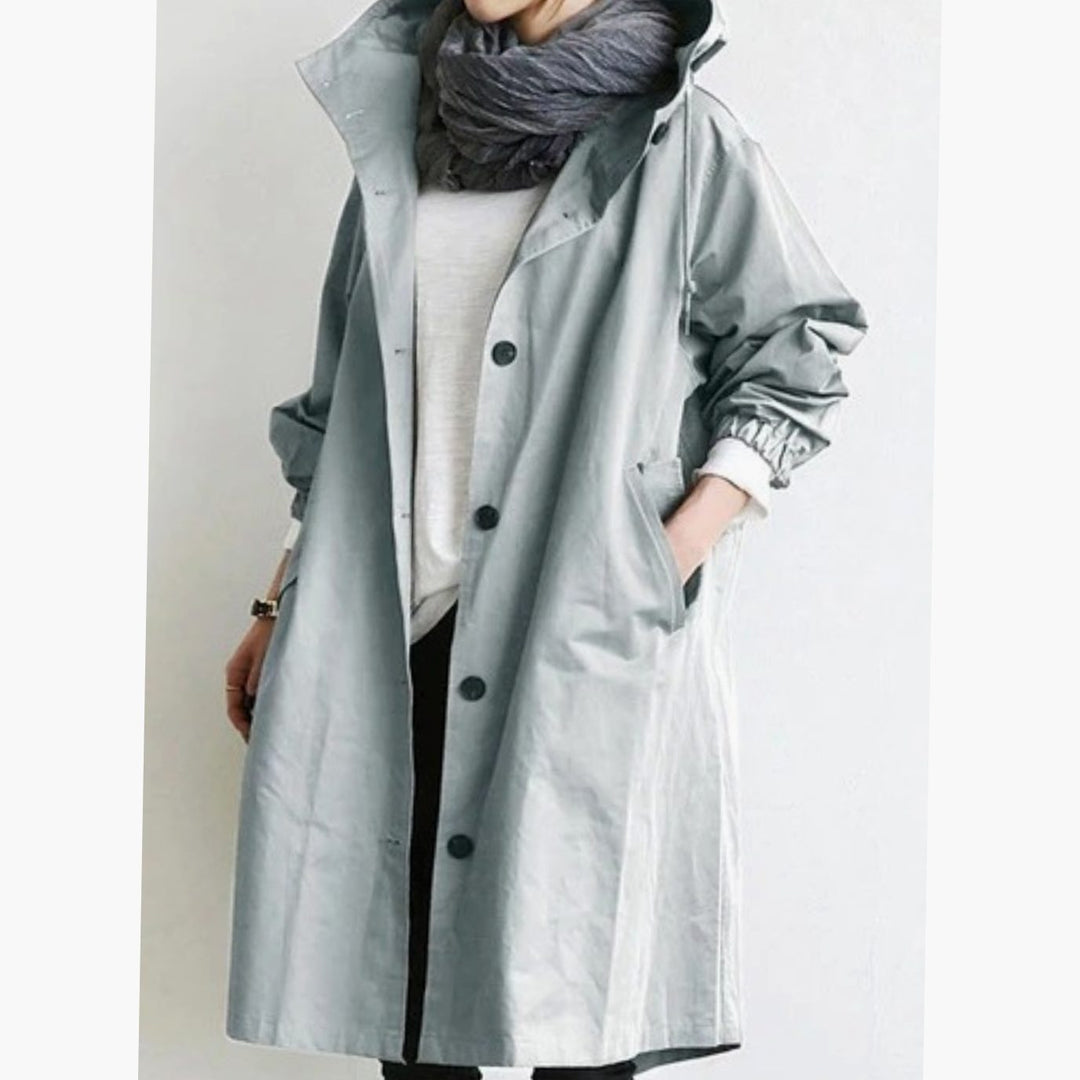 Women's Longline Hooded Button-Up Trench Coat, Black - Light Grey