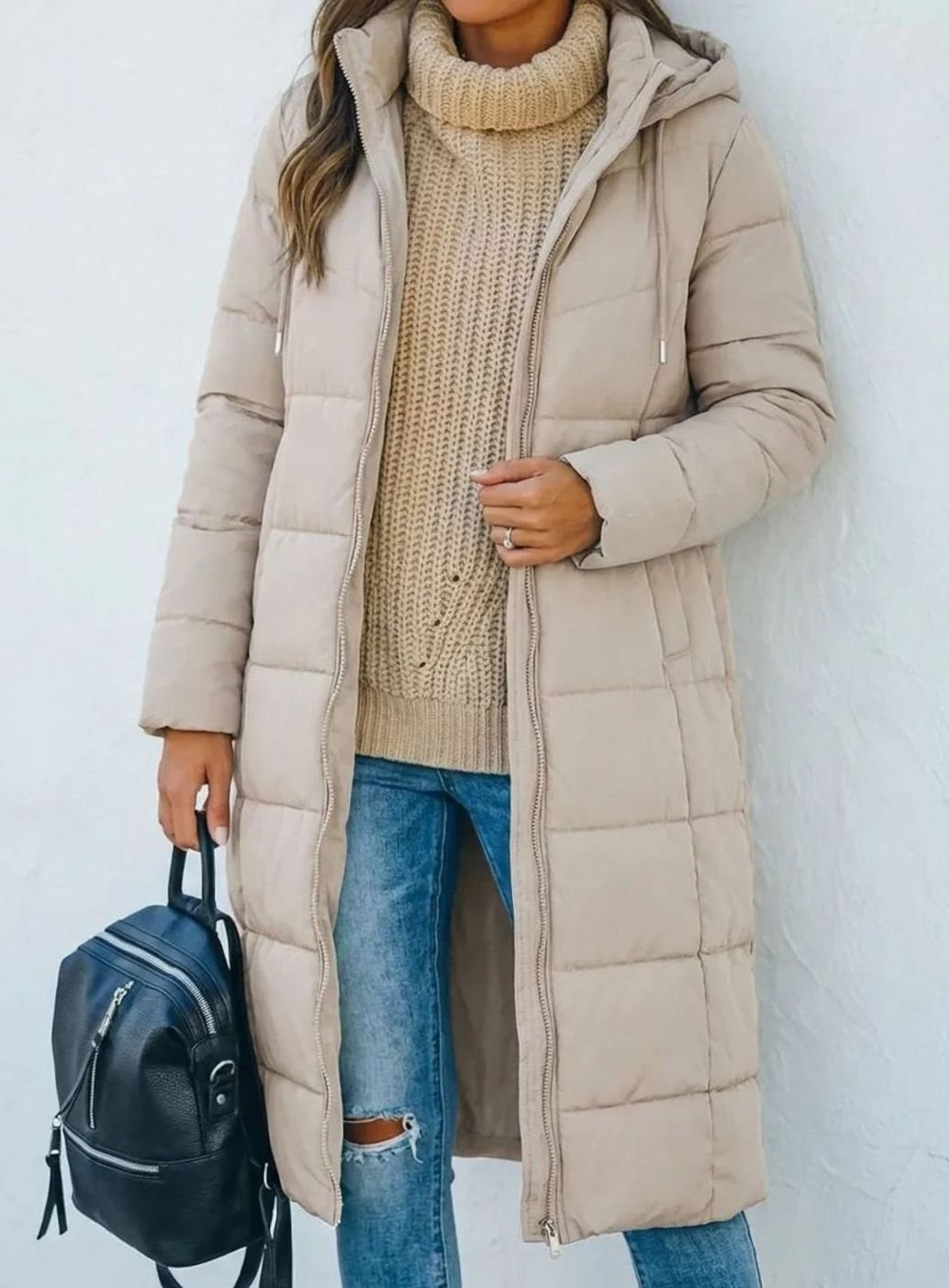 Women's Longline Hooded Quilted Puffer Coat - Beige