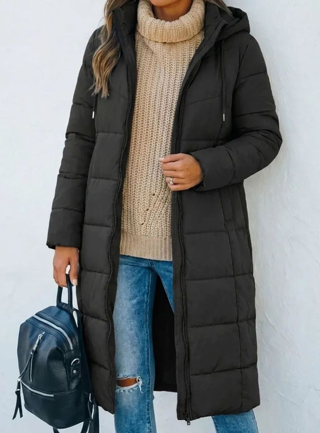 Women's Longline Hooded Quilted Puffer Coat - Black