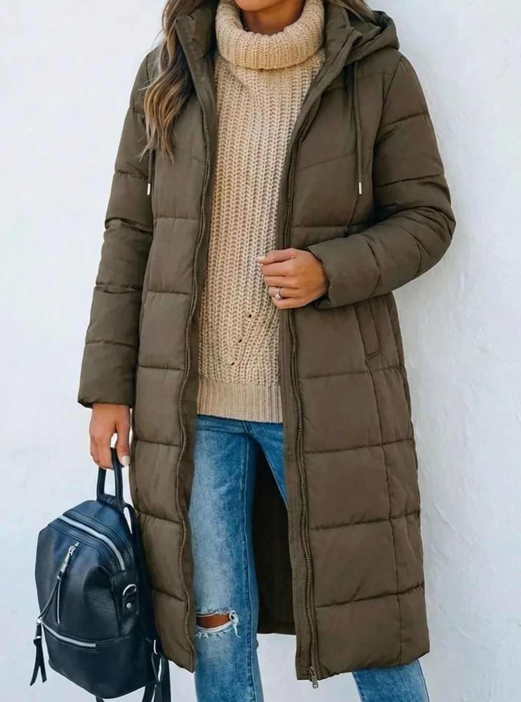 Women's Longline Hooded Quilted Puffer Coat - Olive Green