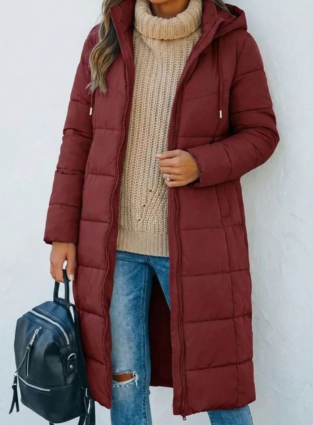 Women's Longline Hooded Quilted Puffer Coat - Chestnut Brown