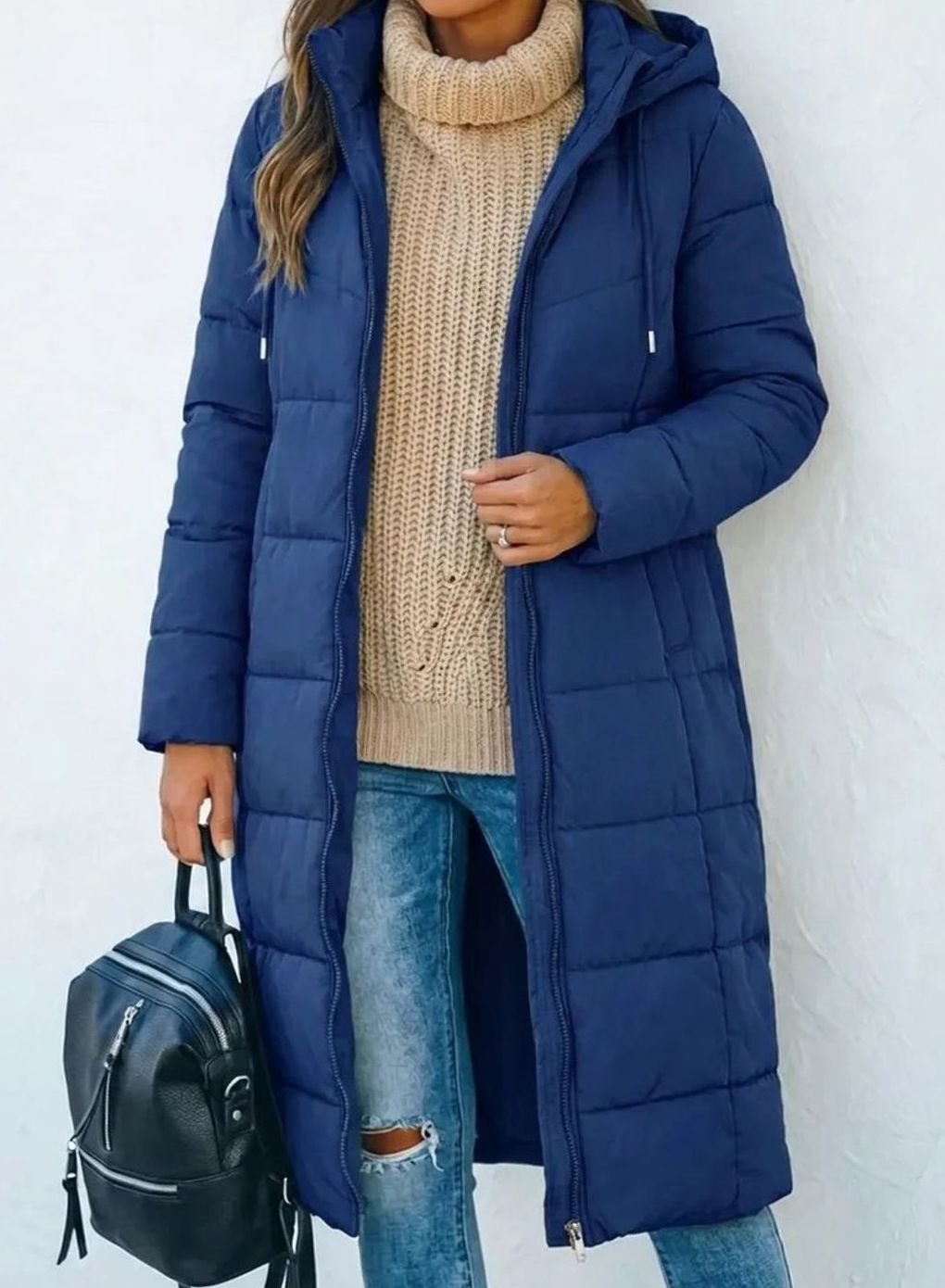 Women's Longline Hooded Quilted Puffer Coat - Blue