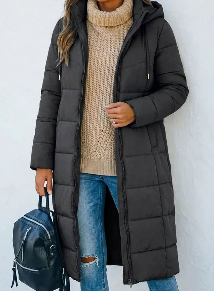 Women's Longline Hooded Quilted Puffer Coat - Dark Grey
