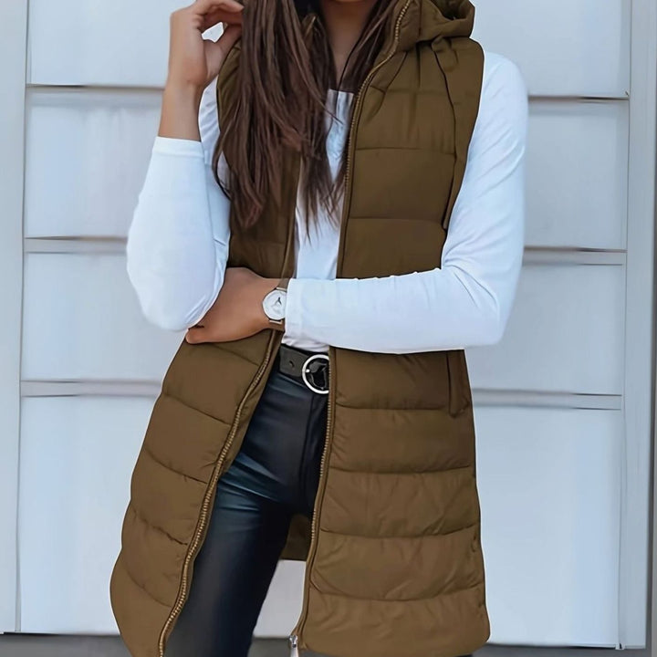 Women's Longline Hooded Sleeveless Puffer Gilet - Khaki